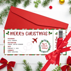 Tarjeta de embarque de Navidad editable Plantilla imprimible Regalo Regalo de boleto de avión de Navidad Boleto de viaje sorpresa Boleto de vacaciones Regalo imprimible