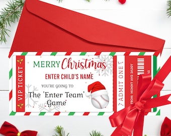 Pode incluir: Um bilhete vermelho com tema natalino com as palavras "Merry Christmas" e "Enter Child's Name". O bilhete apresenta uma bola de beisebol com um gorro de Papai Noel e o texto "You're going to The 'Enter Team' Game". Um envelope e um laço vermelhos também são visíveis.
