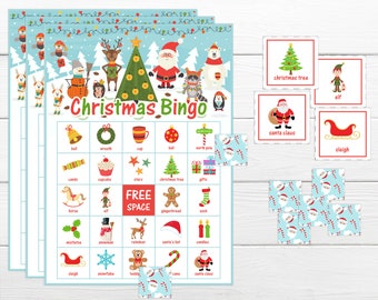 May include: Christmas Bingo game set with multiple bingo cards, calling cards, and game pieces. The cards feature festive illustrations of Christmas trees, Santa Claus, elves, and other holiday-themed images. The words "Christmas Bingo" are displayed at the top.