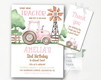 Editable Tractor Birthday Invitation Pink Tractor Invitation Girl Pink Farm Invitation Tractor Thank You and Evite Included INSTANT DOWNLOAD