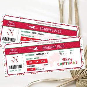 Modello di biglietto di viaggio regalo di Natale Biglietto di carta d'imbarco di Natale falso Biglietto aereo stampabile Biglietto di carta d'imbarco a sorpresa finta