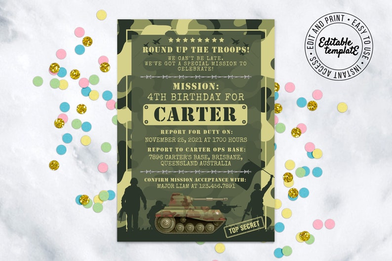 Editable Army Birthday Invitation Template with ID Badges Army Party Invitation Military Invitation Camo Birthday Party Tank Invitation AAA7 image 8