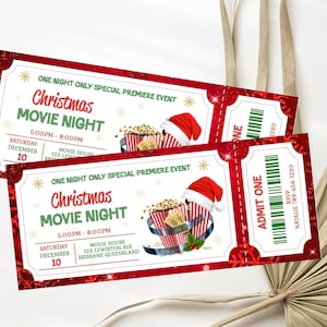Plantilla de invitación de entrada de noche de cine de Navidad Plantilla editable de noche de cine de Navidad Plantilla de fiesta de película de Navidad de entrada de noche de cine