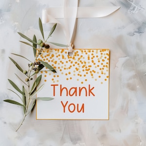 Bewerkbare oranje cadeaukaartjes Oranje confetti-bedankkaarten Bewerkbare oranje tags Gepersonaliseerde bedankkaartjes Oranje afdrukbare vierkante feestkaartjes