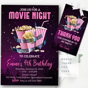 Movie Night Invitation Movie Birthday Invitation Movie Sleepover Popcorn Party Invitation Instant Download Editable Invitation MNP6 image 1