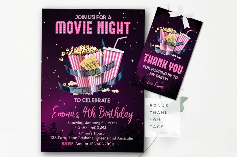 Movie Night Invitation Movie Birthday Invitation Movie Sleepover Popcorn Party Invitation Instant Download Editable Invitation MNP6 image 1