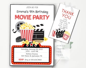 Movie Party Birthday Invitation Template Editable Movie Birthday Party Invitation Cinema Movie Party Movie Theatre Birthday Template - MNP6