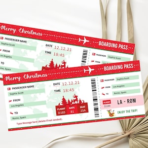 Carta regalo volo di Natale a sorpresa Voucher della carta d'imbarco stampabile Download immediato modificabile Modello di biglietto regalo aereo falso