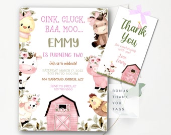 Editable Girl Farm Invitation Girl Farmer Birthday Invitation Girl Farm Animal Pink Barnyard Party Template Digital Corjl Oink Cluck Baa Moo