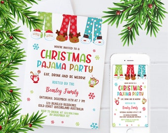 Puede incluir: Una invitación a una fiesta de pijamas navideña con gráficos festivos. La invitación presenta texto colorido e ilustraciones de piernas en pijama, copos de nieve y tazas de chocolate caliente. La invitación se muestra sobre un fondo blanco.