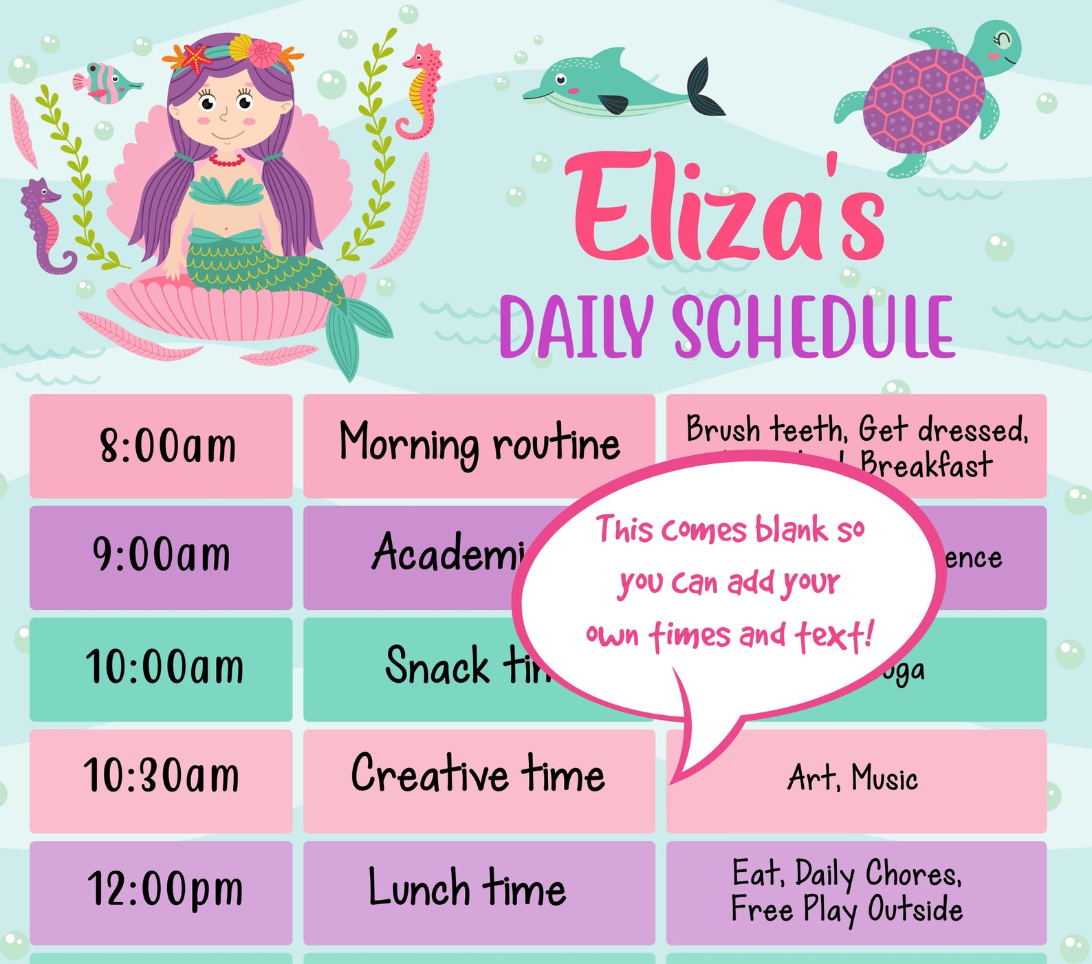 INSTANT PRINT MERMAID Schedule Chart Kids Editable Daily Etsy