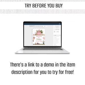 May include: A laptop screen displaying a digital design template for a farm-themed birthday party invitation. The design features a pink barn, farm animals, and the text "Welcome to Emmy's 1st Birthday".