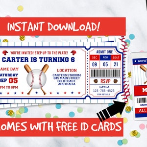 Könnte beinhalten: Eine Baseball-Motto-Geburtstagseinladung mit einem Ticket-Design. Die Einladung lautet "Carter wird 6" und enthält Details zur Party, einschließlich Datum, Uhrzeit und Ort. Die Einladung enthält auch einen VIP-Gästepass mit dem Namen "Mason" und dem Text "All Star Pass".