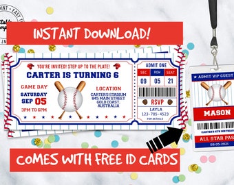 Baseball Birthday invitation, free ID Badges, Baseball Birthday Invitation to edit, download and print instantly! Baseball party invitation