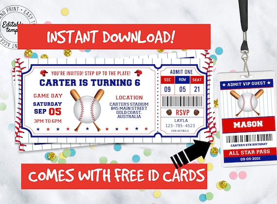Baseball Birthday invitation, FREE ID Badges, Baseball Birthday Invitation to edit, download and print instantly! Baseball party invitation Il_570xn