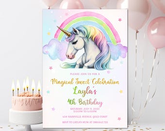 Editable Unicorn Invitation Unicorn Birthday Invitation Template + Bonus Tags Rainbow Unicorn Invitation Magical Unicorn Instant Download