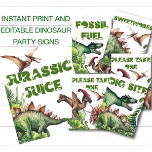 May include: Printable dinosaur party signs with green and white watercolour illustrations of dinosaurs. The signs say "Jurassic Juice", "Fossil Fuel", "Dig Site", and "Sweetivores".