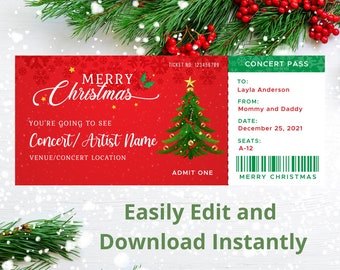Può includere: Un biglietto per un concerto di Natale con sfondo rosso, un albero di Natale verde e la scritta "Merry Christmas". Il biglietto include spazio per il nome del concerto, la sede e la data. Sono presenti anche le parole "Easily Edit and Download Instantly".
