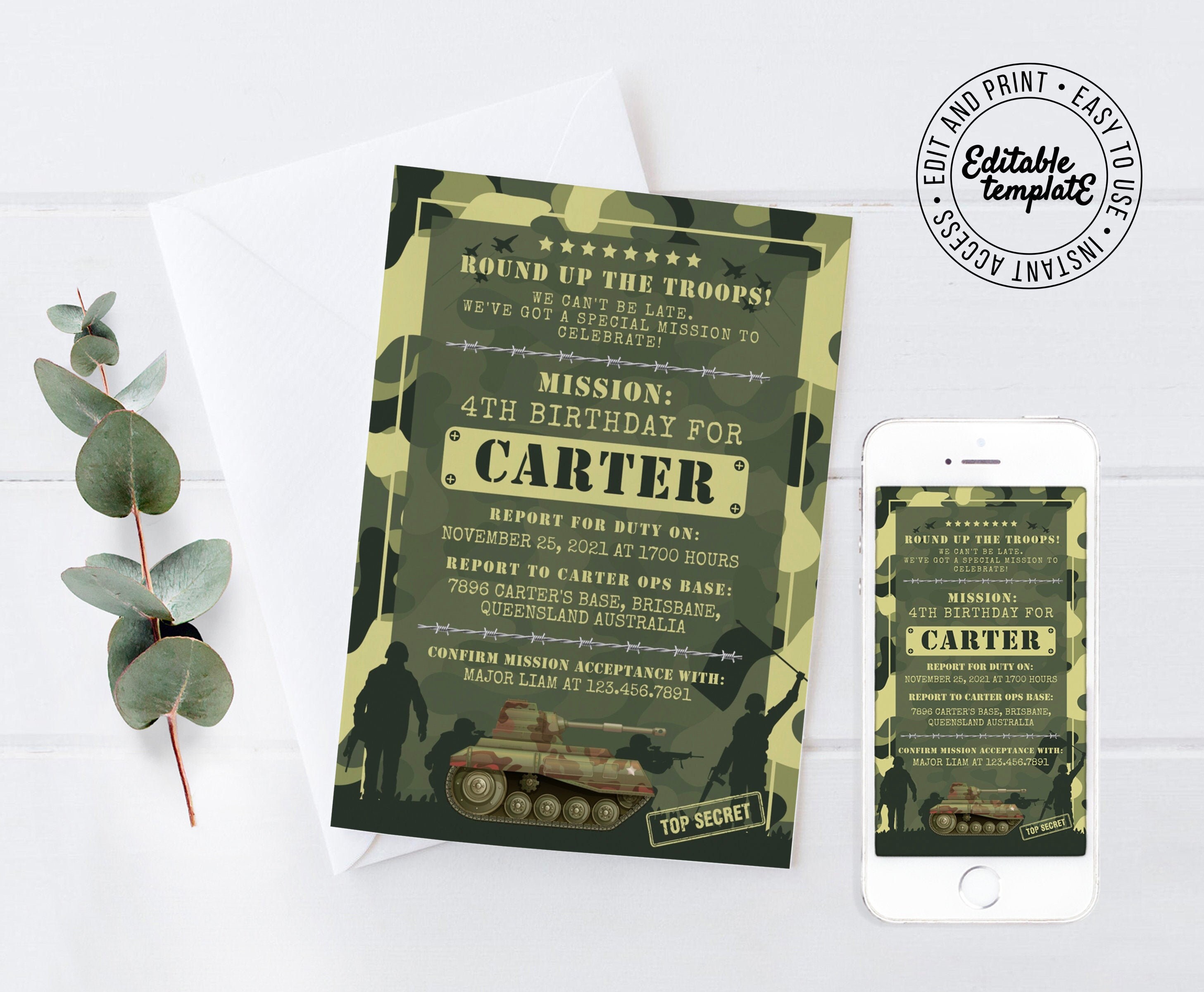 Editable Army Birthday Invitation Template With ID Badges Army Party ...