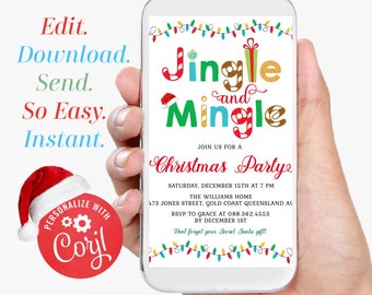 May include: A smartphone screen shows a Christmas party invitation with the words "Jingle and Mingle." The invitation includes the date, time, and location. The design features festive decorations and text in red, green, and gold.