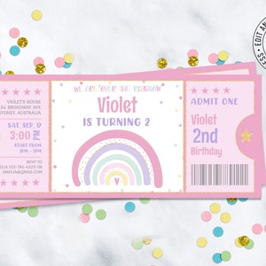 Rainbow birthday invitation Ticket Rainbow Birthday Invitation to edit download instantly and print instantly. Ticket invitation