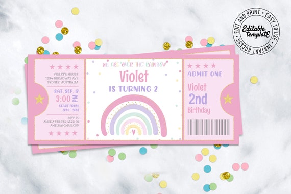 Rainbow birthday invitation, Ticket Rainbow Birthday Invitation to edit ...