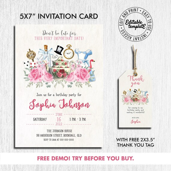 Alice in Wonderland Invitation Template, Wonderland Birthday Party