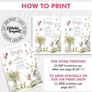 Puede incluir: Invitaci&oacute;n imprimible para una fiesta de cumplea&ntilde;os de 6 a&ntilde;os con tem&aacute;tica de hadas. La invitaci&oacute;n presenta una ilustraci&oacute;n caprichosa de hadas en un entorno de bosque. El texto de la invitaci&oacute;n dice "There's a frolic of fairies for Amy's 6th Birthday".