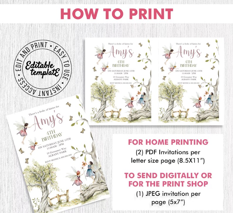 Puede incluir: Invitaci&oacute;n imprimible para una fiesta de cumplea&ntilde;os de 6 a&ntilde;os con tem&aacute;tica de hadas. La invitaci&oacute;n presenta una ilustraci&oacute;n caprichosa de hadas en un entorno de bosque. El texto de la invitaci&oacute;n dice "There's a frolic of fairies for Amy's 6th Birthday".