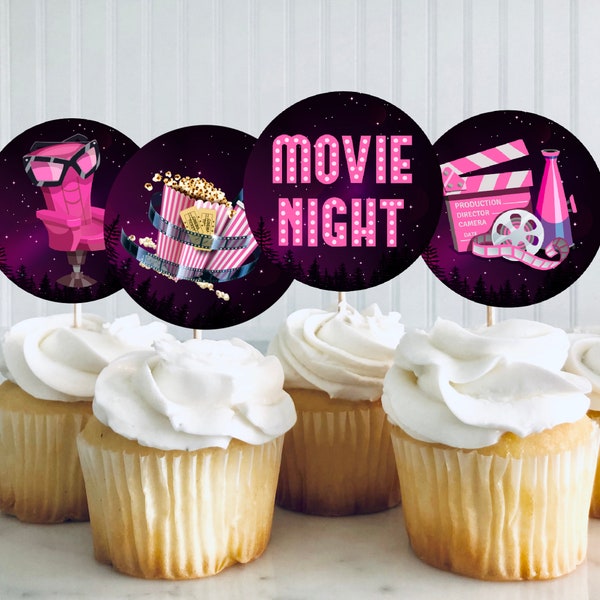 Cupcake toppers for Movie night party, Instant print, MOVIE night toppers, cupcake party toppers, birthday party toppers, cake topper MNP6