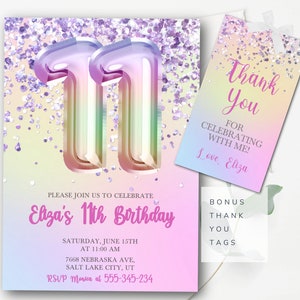 Invitación editable para el 11.° cumpleaños de niñas Invitación de cumpleaños con purpurina editable Invitación editable para el 11.° cumpleaños de niñas Descarga instantánea Pastel GP1