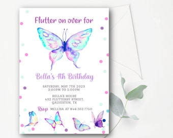 May include: A purple, blue, and pink butterfly with white polka dots on a white background. The text "Flutter on over for Bella's 4th Birthday" is at the top of the invitation. The invitation also includes the date, time, and location of the party.