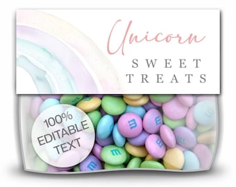 May include: A clear plastic bag filled with pastel-colored candies. The bag has a label with a watercolor rainbow and the words "Unicorn Sweet Treats." A circular sticker reads "100% Editable Text."