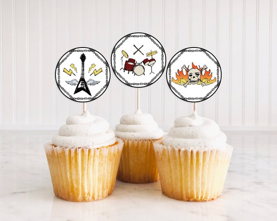 【ROCKCAKE】Beige Label Punching Top Born to Rock Cake Topper Rockstar Cupcake Topper Metal Rock