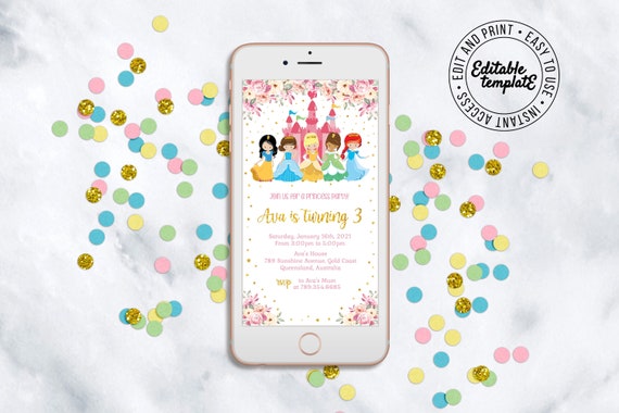 PRINCESS text Invitation you can edit using your phone! PRINCESS birthday digital invitation Email invitation Editable invitation - PPT5 Il_570xn