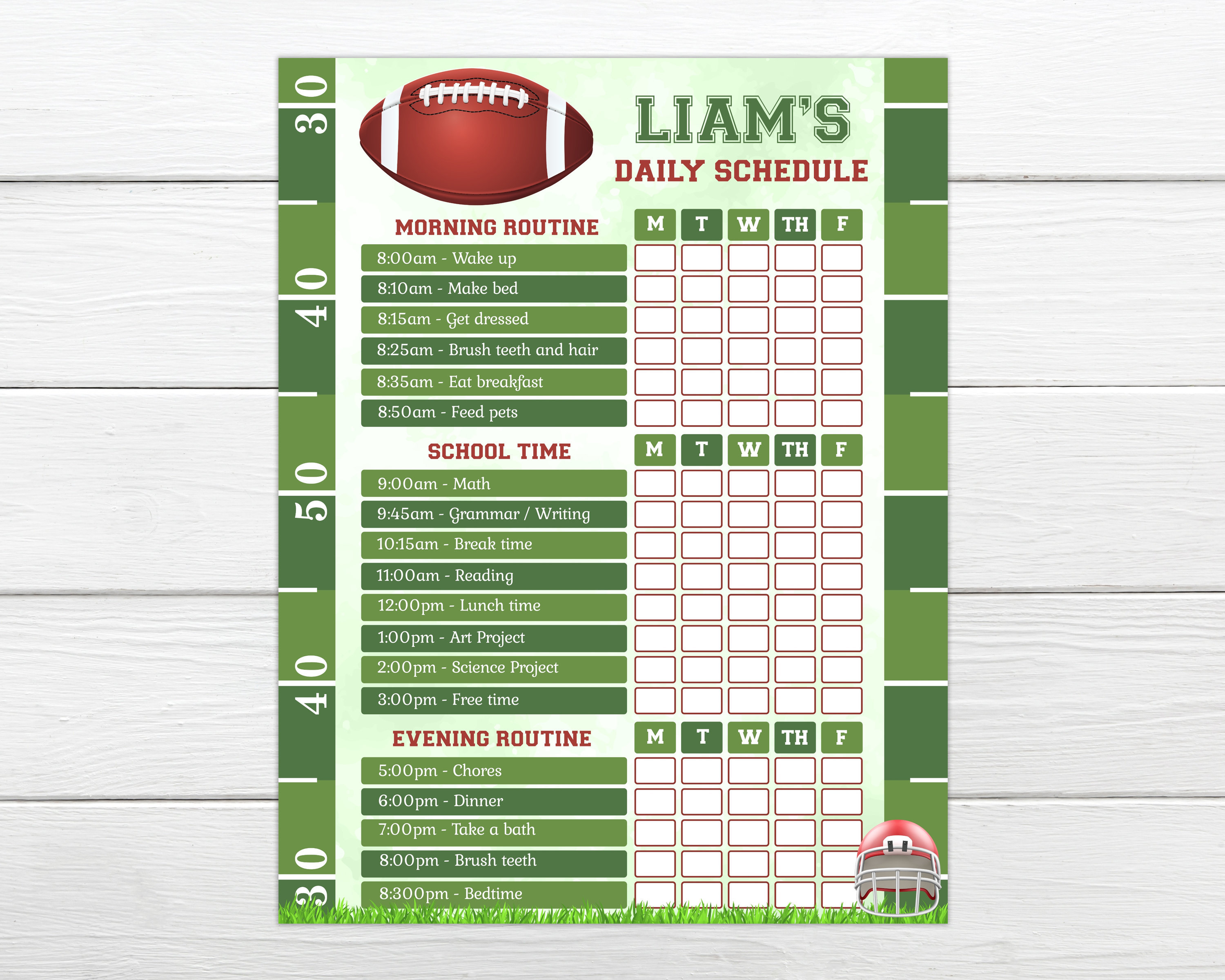 FOOTBALL Daily schedule chart Personalise save and print instantly