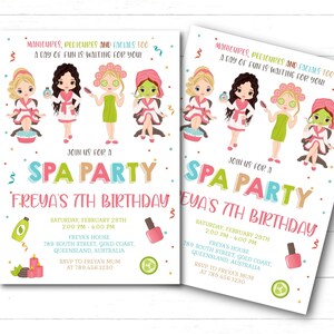 May include: A pink and green spa party invitation featuring cartoon girls receiving manicures, pedicures, and facials. The invitation includes the text "Join us for a Spa Party: Freya's 7th Birthday" and details about the party, including the date, time, and location.