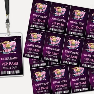 Filmavond ID-kaartsjabloon Bewerken en direct afdrukken Kinderfilm VIP-pas Filmverjaardagsfeestje Badges Bewerkbare namen VIP-pas MNP6