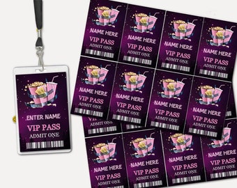 Movie Night ID Card Template Edit and Print Instantly Kids Movie VIP Pass Movie Birthday Party Badges Editable Names VIP Pass MNP6