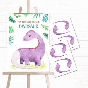Dinosaurier Party Spiel Pin the Tail auf dem Dinosaurier druckbares Spiel Sofortiger Download Sofortiger Druck Lila Party Spiel Dinosaurier-Geburtstagsparty