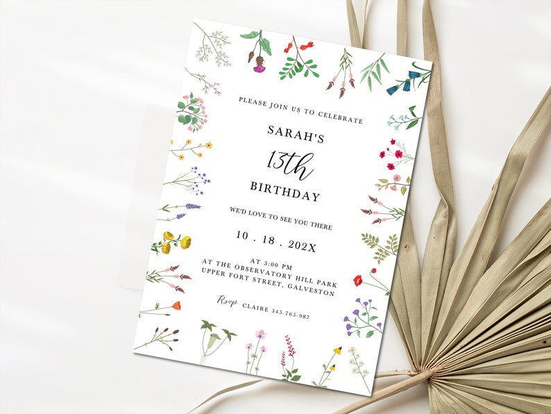 Invitation Tag Roop Wildflower Invitation Template Flower Birthday Editable Wildflower ...