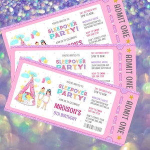 Birthday ticket invitation, Ticket Sleepover Birthday Invitation to edit, download instantly and print instantly.. Ticket invitation