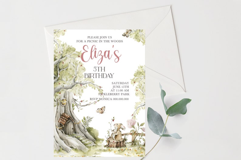 May include: A woodland-themed birthday invitation with a watercolor illustration of a tree with a small house in its trunk, a rabbit sitting on a stump, and butterflies. The text reads "Please join us for a picnic in the woods Eliza's 5th Birthday Saturday June 15th at 11:00 AM Pickleberry Park RSVP Monica 000.000.000".