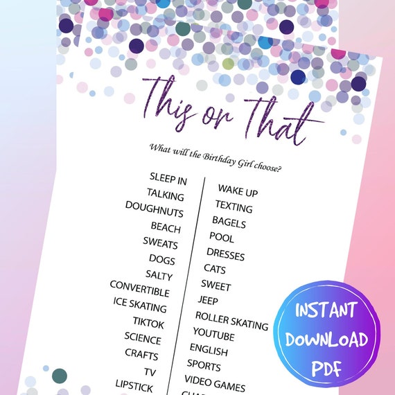 This or That Printable Game, Girls Sleepover Birthday Games, Teen ...