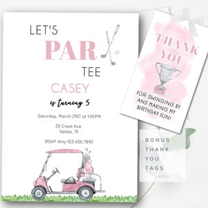Golf First Birthday Invitation Girls Golf Party Invitation Golfing Girl Invitation Golf Party Invite Pink Golf Invite BONUS Thank You Tags