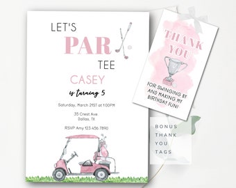 Golf First Birthday Invitation Girls Golf Party Invitation Golfing Girl Invitation Golf Party Invite Pink Golf Invite BONUS Thank You Tags