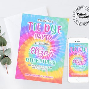 May include: A tie-dye themed birthday party invitation with a colourful swirl pattern. The invitation says "Join us for a Tie Dye Party Celebrating Eliza's 12th Birthday" with the date and time of the party. RSVP to Madisons at 123.456.7290.