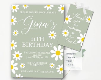 Redigerbar inbjudan till flickfödelsedagsfest Boho Daisy-födelsedagsinbjudan Daisy-födelsedagsinbjudan Vit blomma-födelsedagsinbjudan G9