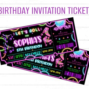 An ediatble ticket style invitation that says LET'S ROLL IN NEON COLORS ON A BLACK BACKGROUND with colored roller skates and neon loops.