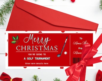Golf Christmas Gift Ticket Golf Game Ticket Gift to edit download and print instantly Golf Surprise Christmas Ticket Game Day Ticket